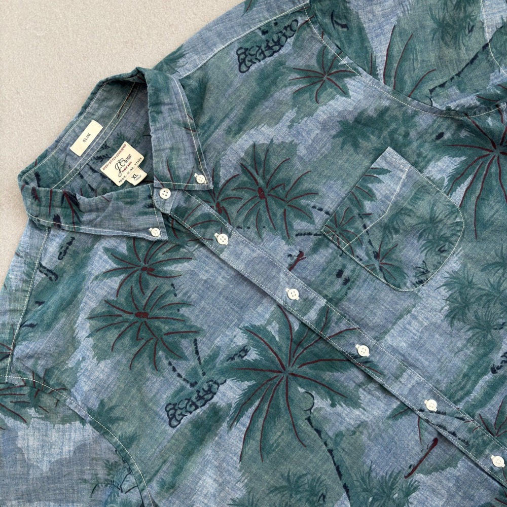 J.Crew Men XL Slim Tropical Palm Tree Print Short Sleeve Button Down Shirt